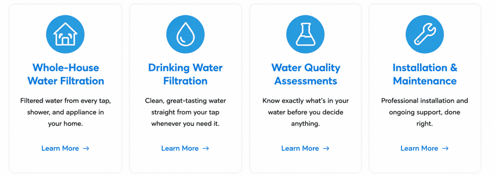Water filtration services including whole-house filtration, drinking water filters, water assessments and installation