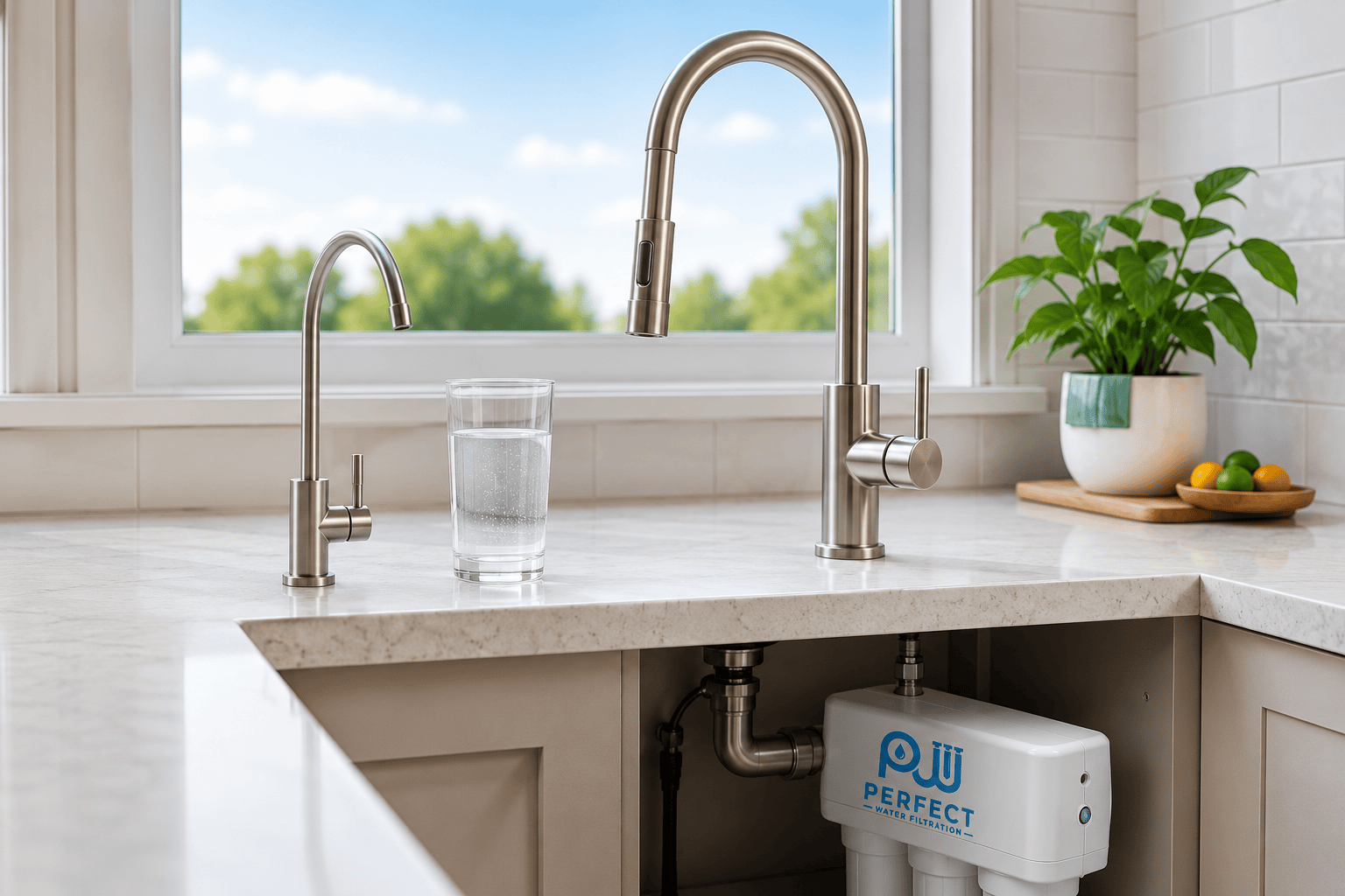 Under-sink drinking water filtration system with filtered water tap and glass